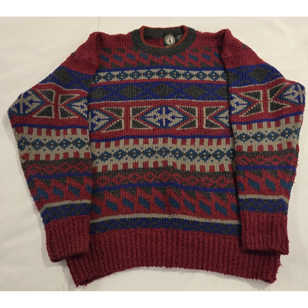 VTG HANG TEN Men's Chunky Knit Sweater Red Blue Black Geometric‎ Pattern Large